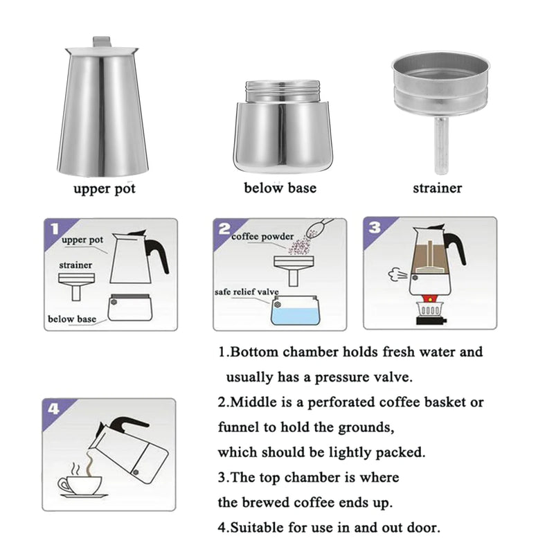 Portable Stainless Steel Moka Pot, Espresso Coffee Pot with Small Electric Stove, Filter Percolator, Coffee Kettle, 200ml, 450ml